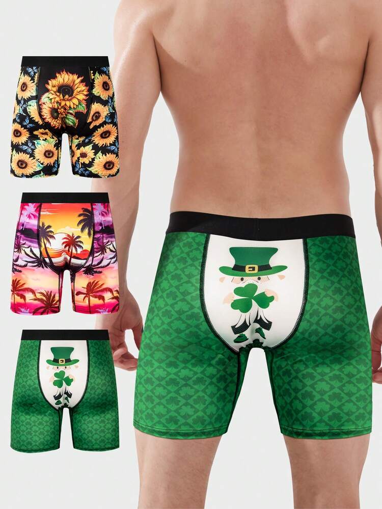 Men's Coconut Tree, Clover, Sunflower Print Boxer Briefs, 3pcs/Set