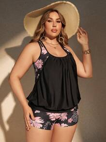 Swim Lushoire Plus Size Summer Beach Contrast Floral Print Fashionable Tankini Set - Multicolor - View 6
