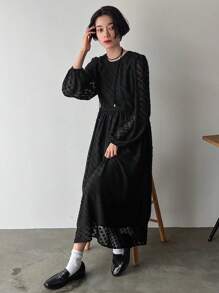 FRIFUL Vestido midi de mujer con mangas de linterna de malla y cintura ceñida, vestido largo de manga larga para otoño