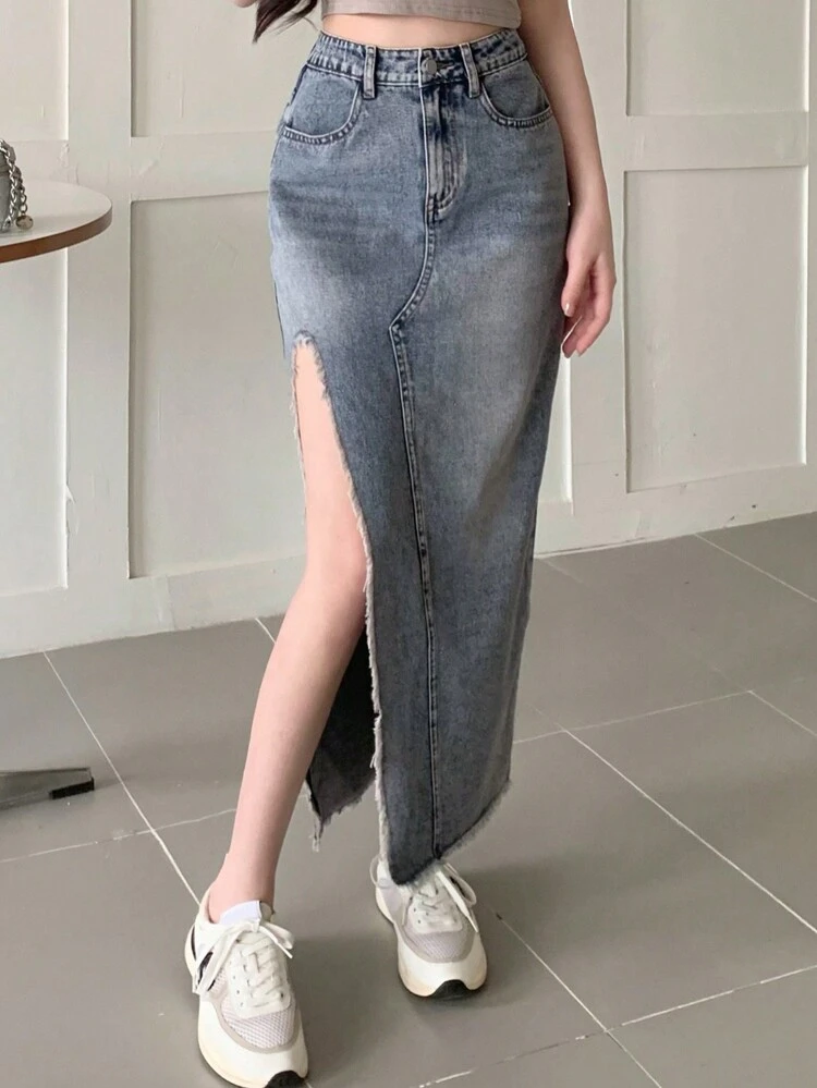 Women's Distressed Frayed Hem Denim Skirt With High Slit Summer Jeans Skirt