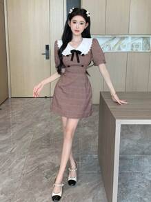 DAZY Đầm dạ hội tay ngắn họa tiết Houndstooth cổ Peter Pan phối màu cho nữ - Nhiều màu - Xem 7