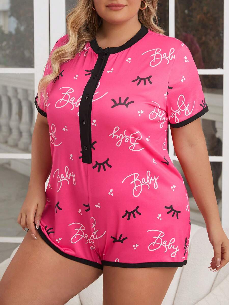 Plus Size Women's Letter Print Round Neck Front Buttoned Pajama Romper - Hot Pink - View 1