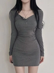 DAZY Robe Moulante À Col Carré Et Manches Longues Pour Femme
