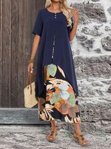 EMERY ROSE Kleid mit kurzem Arm und tropischem Pflanzenmuster, Land Maxi Kleider Sommer Rock für Frauen - marineblau - Übersicht 3