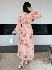 DAZY 度假风雪纺长裙，树叶印花，秋季长袖连衣裙，及地长裙 - 杏色 - 查看 2