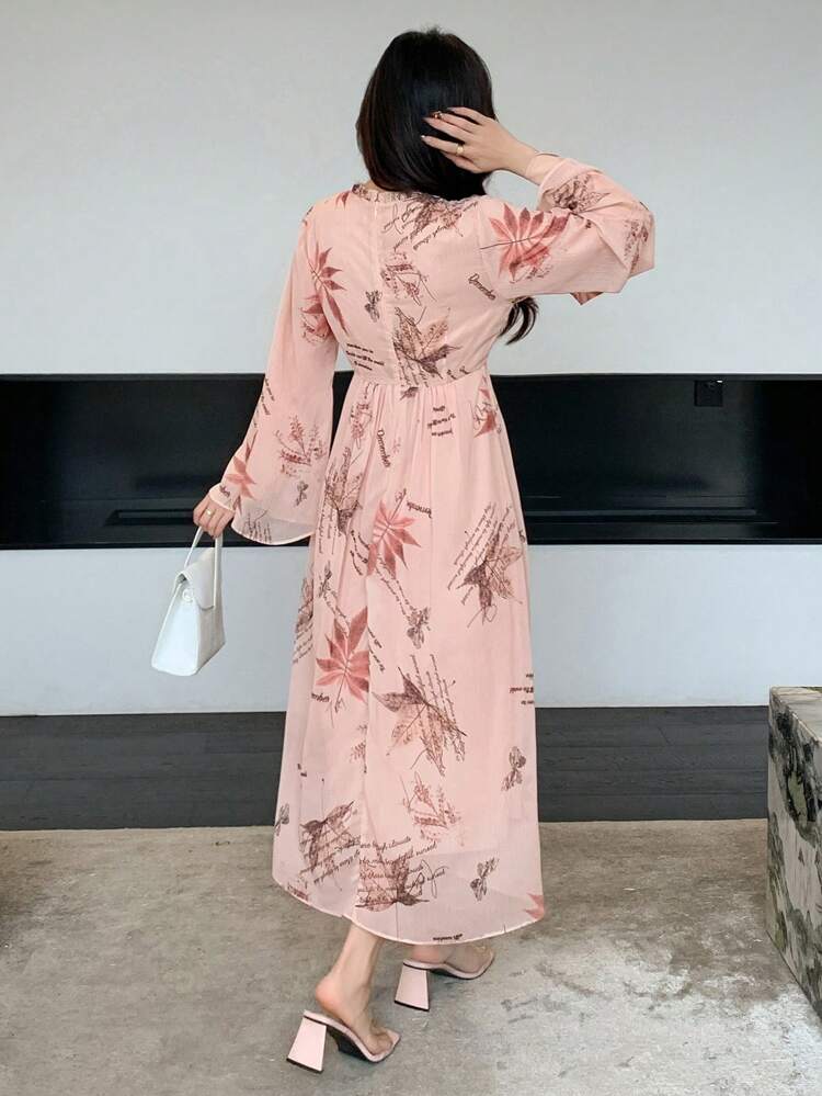 Abito lungo in chiffon con stampa a foglie, stile vacanza, abito lungo con maniche lunghe, abito lungo maxi