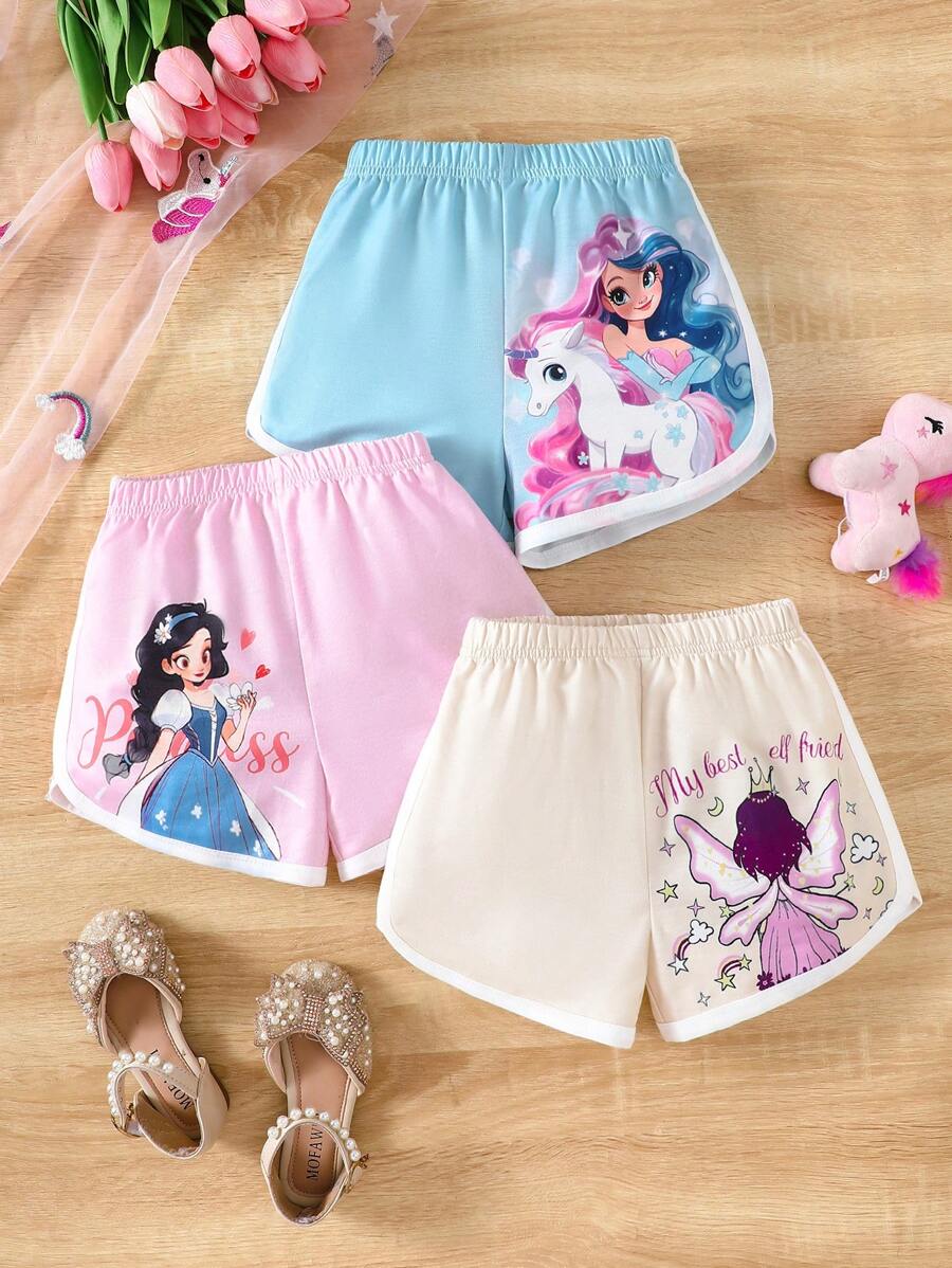 SHEIN Leap Crew 3pcs Young Girls' Cartoon Characters Pattern Curved Hem Shorts Set - Multicolor - View 1
