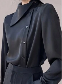 女士休闲/办公室单排扣纯色长袖衬衫 - 黑色 - 查看 1