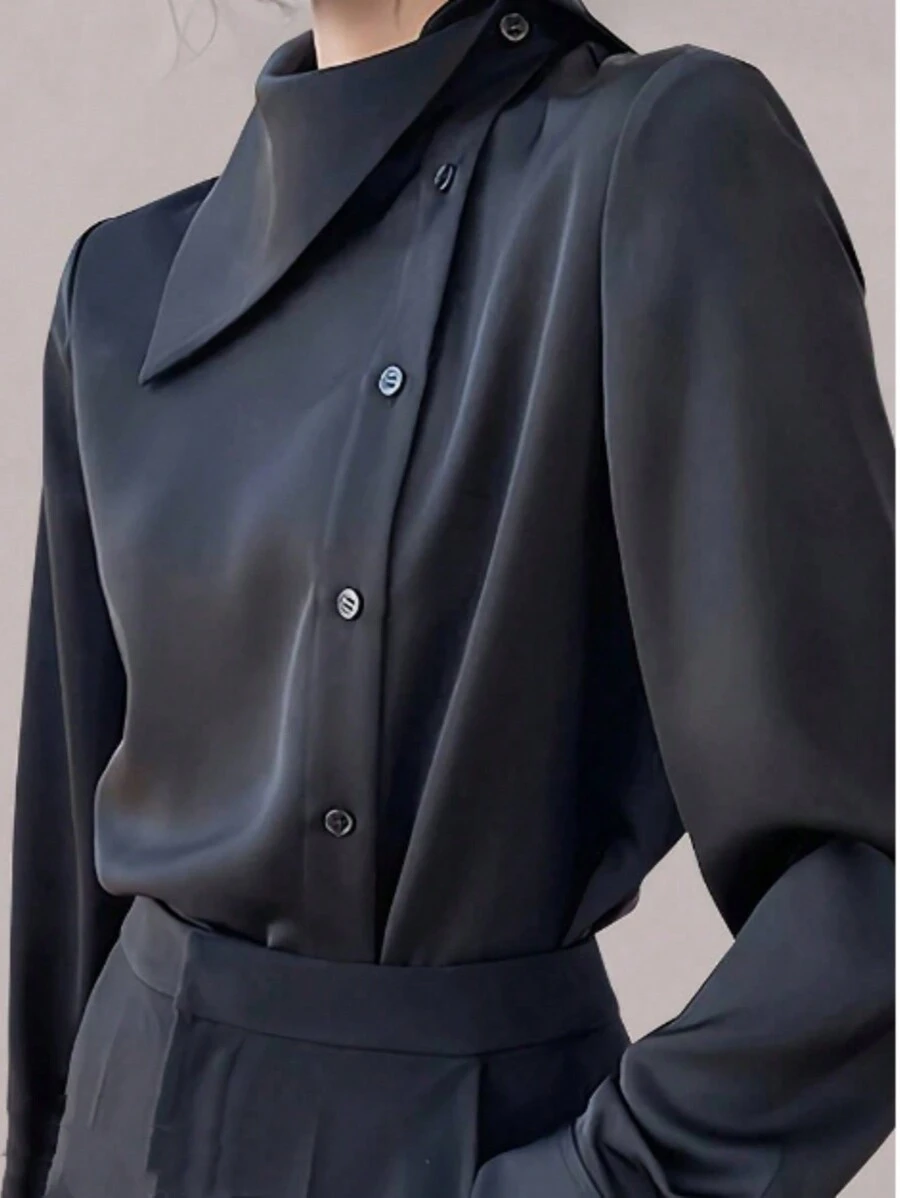 女士休闲/办公室单排扣纯色长袖衬衫 - 黑色 - 查看 1