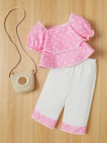 SHEIN Baby Girl Casual Bohemian Style Floral Print Short Sleeve Top And Color-Blocked Long Pants Set For Vacation - Pink - View 2