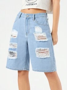 Forever 21 Pantalones Cortos De Mezclilla Desgastados Para Mujer - Celeste - Ver 4