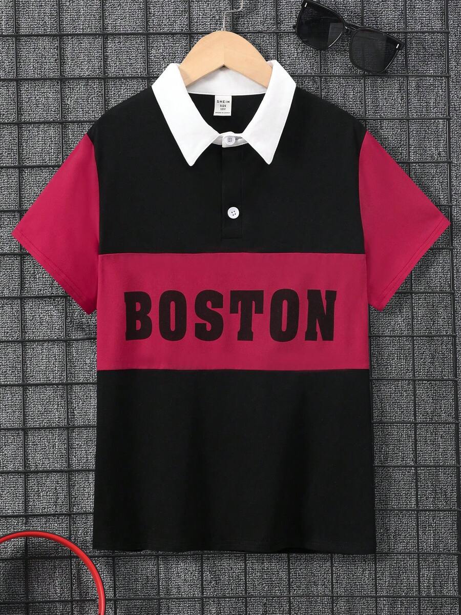 SHEIN Tween Boy Casual Áo thun in chữ cổ gập - màu đen - Xem 1