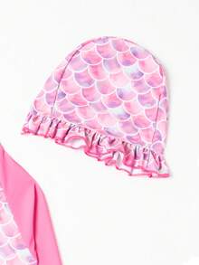 Young Girl Mermaid Print Rash Guard Swimsuit With Raglan Long-Sleeve And Matching Cap, Suitable For Beach, Pool, Indoor Swimming - Multicolor - View 3