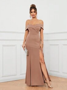 SHEIN Belle Màu thuần Dài Đầm Với Mở Khe Và Off Shoulder Dây đeo - Bụi hồng - Xem 8