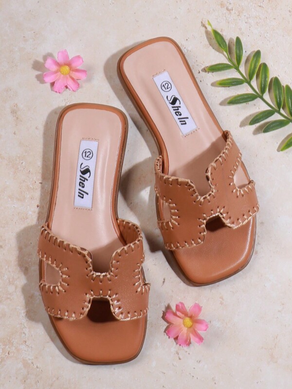 Mini mi Girls Gold-Brown Oran H Cut Out Flat Sandal With Stitching - Anti-Slip, Comfortable, And Stylish