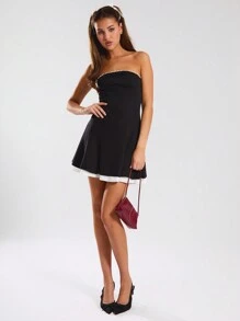 MUSERA 复古撞色编织抹胸迷你连衣裙，适合假日度假、夏季早午餐、伊比沙岛风情、秋季生日派对、夜间外出、约会之夜、朋克派对等场合，尽显优雅气质。 - 黑色 - 查看 3