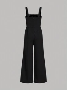 SHEIN Girlism 中輩女孩3d花朵拼色背帶連體褲,寬腳長褲 - 黑與白 - 查看 2