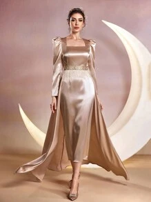 Modelyn Women's Elegant Square Neckline Arabic Style Dress, Elegant Evening Party Dress Long Evening Dresses - Champagne - View 4