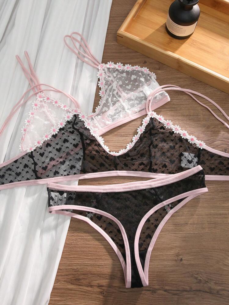2 Sets Women's Sexy Lace Floral Decorated Bralette With Adjustable Straps And Wire-Free Design