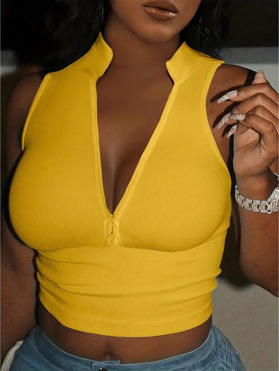 SHEIN Plus Size Cổ đứng trơn có khóa kéo phía trước Tank Top cho mùa hè - Màu vàng - Xem 1