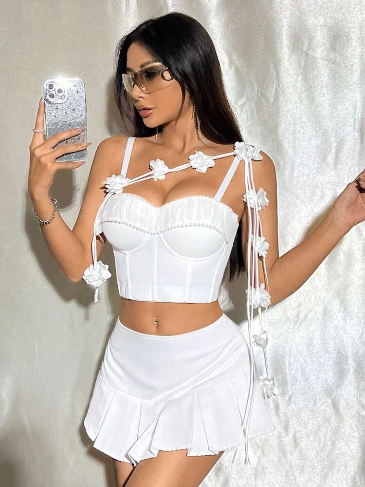 Women's Faux Pearl Decorated Ruched Camisole Tank Top