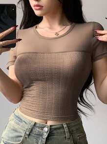 DAZY Women's Slim Fit Short Sleeve T-Shirt With Net Yarn Patchwork Summer Sheer,Crop Tops Women