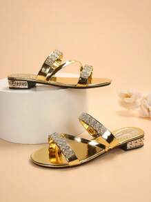 Women's Flat Summer Slippers With Rhinestones And Glitters, Two Wearing Styles Both As Outdoor & Indoor Shoes