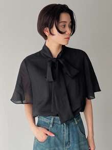 FRIFUL Women's Tie Front Short Sleeve Shirt Work Women Clothes - Black - View 1
