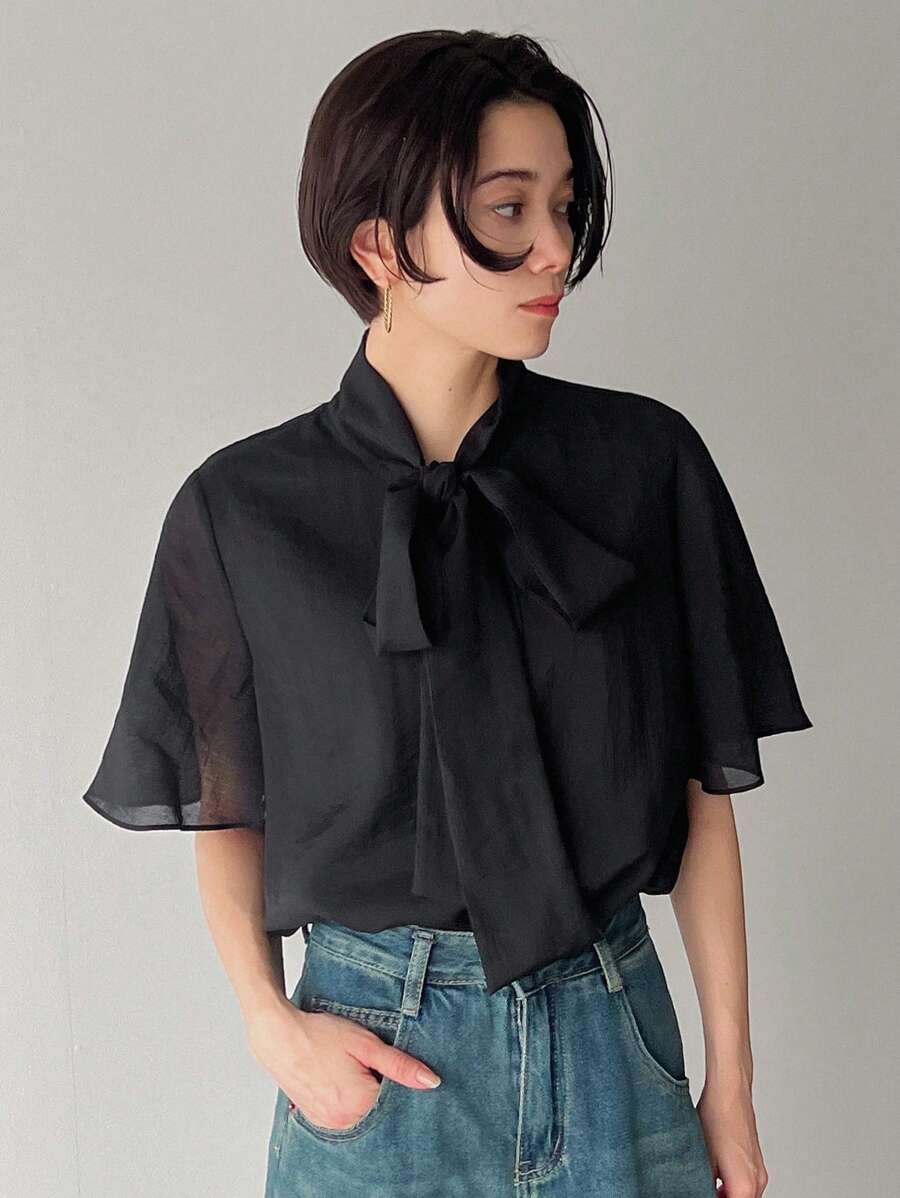 FRIFUL Women's Tie Front Short Sleeve Shirt Work Women Clothes - Black - View 1