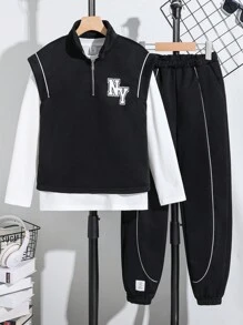 SHEIN Conjunto De Tres Piezas Para Niño Adolescente Que Incluye Chaleco Con Estampado De Letra, Camiseta De Color Sólido, Pantalones Con Detalles De Corona Y Bordes Enrollados