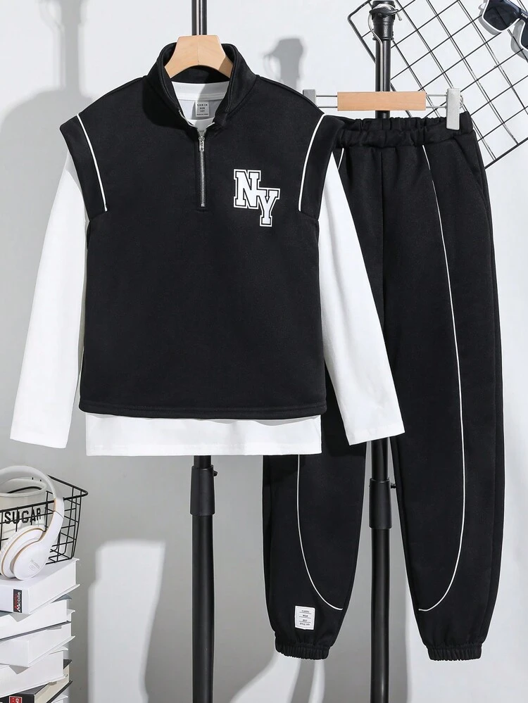 Tween Boy 3pcs/Set Letter Printed Vest And Solid Color T-Shirt And Color Block Chaplet Detail Pants With Rolled Edges