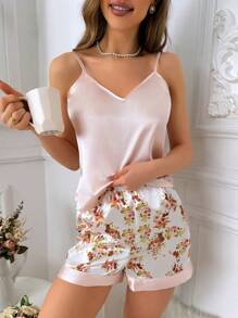 Women's Solid Color Camisole Top And Floral Printed Shorts Pajama Set - Multicolor - View 4