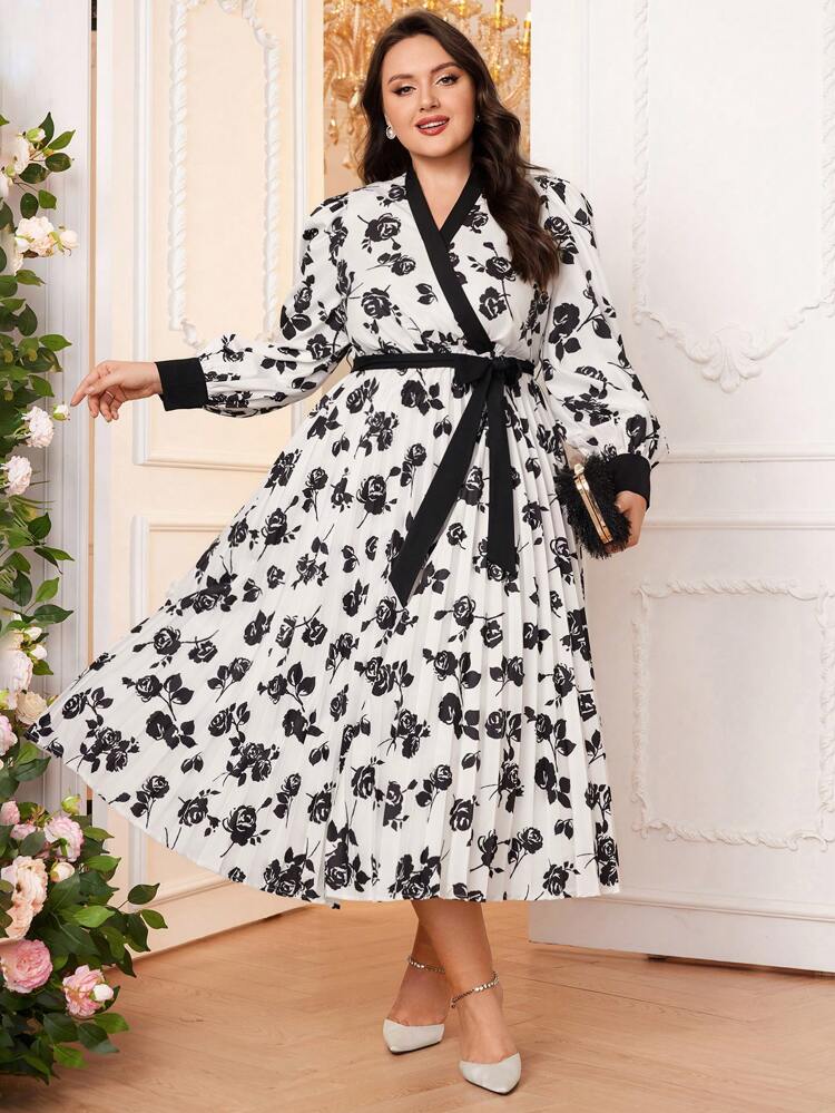 Plus Size Floral Printed Tie Waist Arabian Clothing Long Evening Dresses