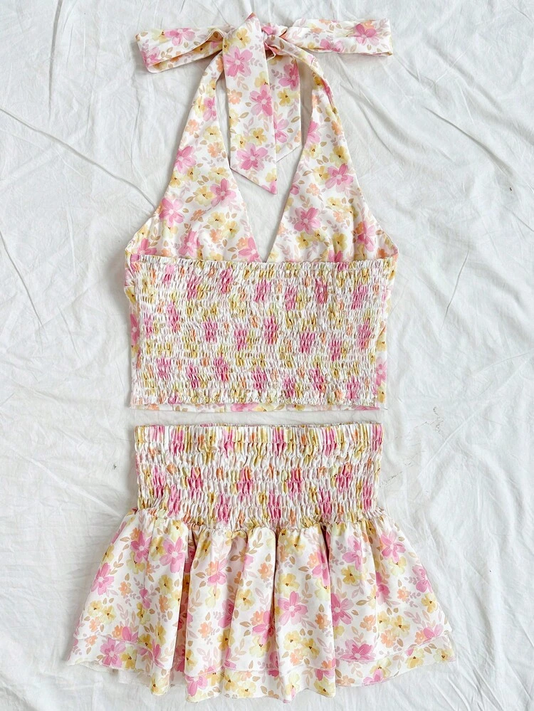 Women's Floral Print Halter Neck Vest Top And A-Line Skirt Set Tea Party Attire