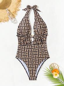 Swim SXY Summer Beach Women's Geometric Printed One-Piece Swimsuit - Khaki - View 8