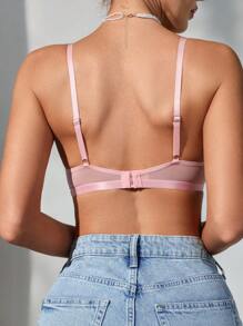 SHEIN Ladies' Romantic Heart Embroidery Mesh Contrast Bowknot Design Fashionable Bra Lingerie - Pink - View 2