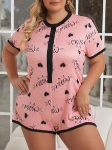 Plus Size Heart Printed Short Sleeves Round Neck One-Piece Pajamas - Pink - View 1