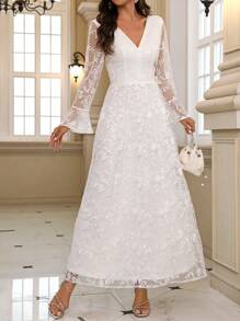SHEIN Belle Ladies' Romantic Long Sleeve V-Neck Embroidered Wedding Dress - White - View 1