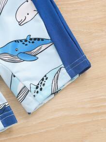 SHEIN 寶寶男童休閒卡通鯊魚圖案彩色長袖連體泳衣套裝附帽子 - 彩色 - 查看 5