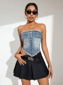 Aveloria Denim Top With Asymmetrical Hemline, Raw Trim, Pockets And Strapless Design