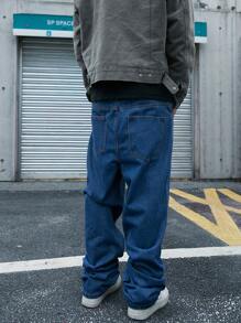 Manfinity EMRG 男士牛仔裤，带侧袋，纯色深蓝色长款宽松深色洗水牛仔裤，洗水工装牛仔裤，适合送给丈夫、男朋友的礼物