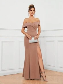 SHEIN Belle Màu thuần Dài Đầm Với Mở Khe Và Off Shoulder Dây đeo - Bụi hồng - Xem 1
