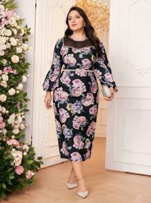 Modelyn Plus Size V-Neck Lantern Sleeve Printed Mesh Splicing Long Dress Long Evening Dresses - Multicolor - View 5