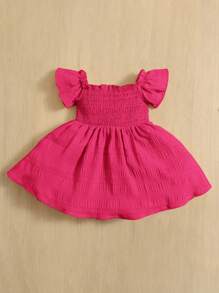 SHEIN 女婴休闲舒适荷叶边领无袖连衣裙 - 玫紅色 - 查看 2