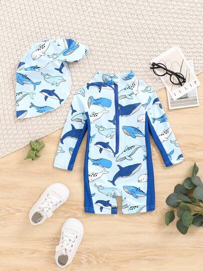 Conjunto De Traje De Baño Para Bebé Con Mangas Largas, De Una Pieza, Casual, Con Patrón De Tiburón Caricaturesco Y Bloque De Color, Y Sombrero