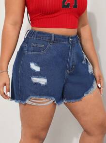 SHEIN EZwear Short En Jean Déchiré Effiloché Grande Taille Pour Femme