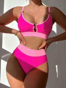 SHEIN Swim 女士兩件式比基尼套裝，配有環形細節和拼色設計，高腰泳裝套裝 - 粉色 - 查看 1