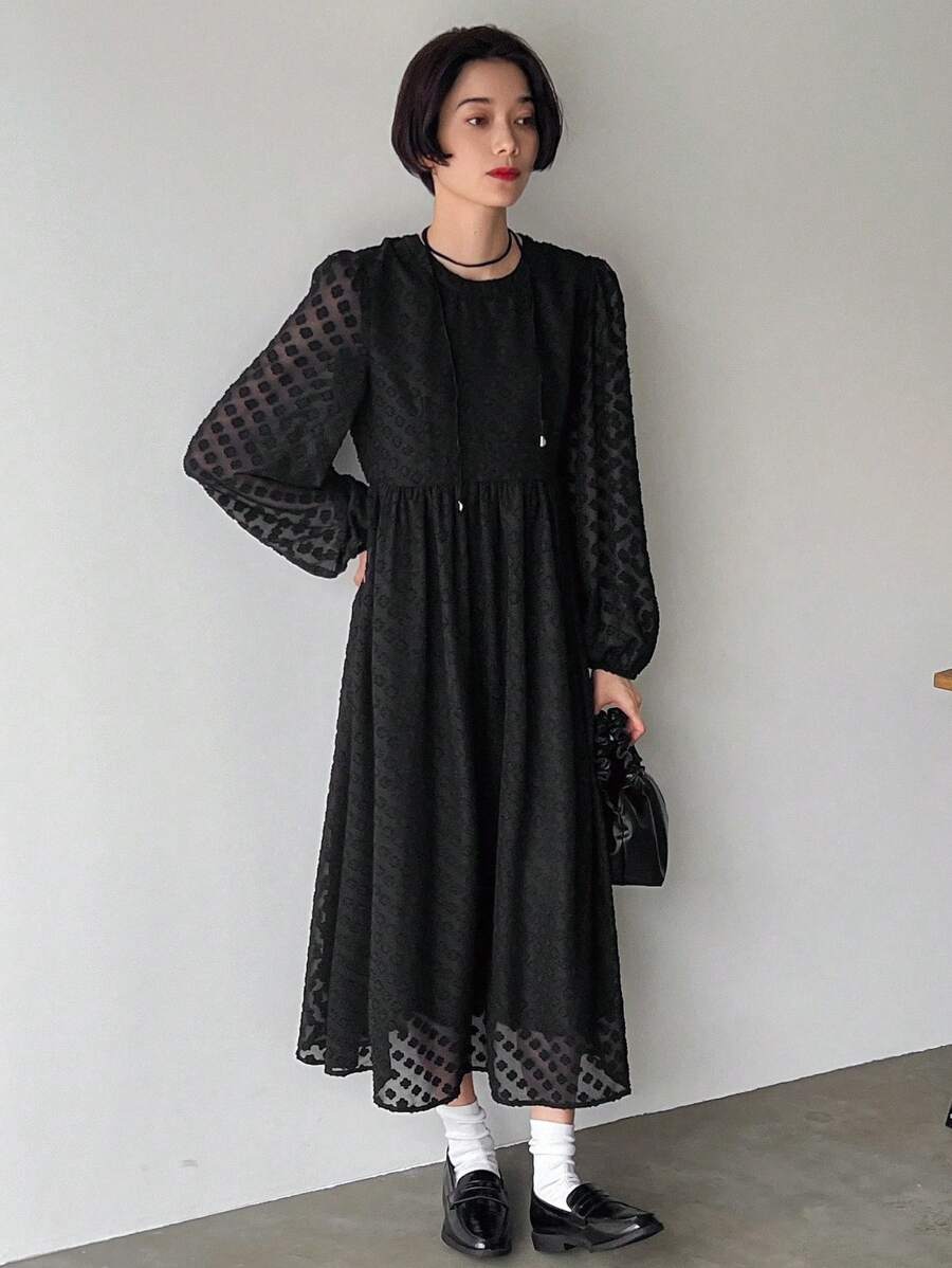 FRIFUL 女士网眼灯笼袖收腰中长连衣裙，秋季连衣裙长袖连衣裙 - 黑色 - 查看 1