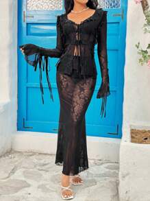 Soleia Einfarbiges Set Aus Oberteil Mit Rüschenbesatz Und Bindekragen Und Langem Rock Mit Hoher Taille