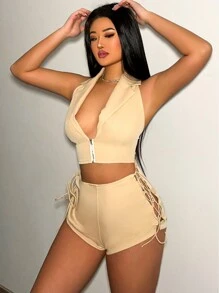 Zolique Gợi cảm Của phụ nữ Không tay Quần Bộ đồ - Màu Khaki - Xem 3